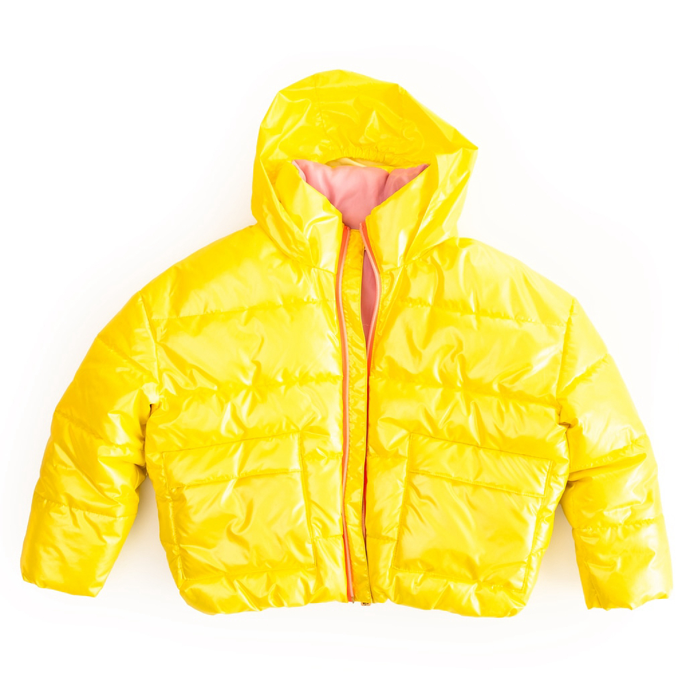 Billieblush Metallic Shiny Yellow Puffer Jacket w/ Stowaway Hood | Girls 8Y